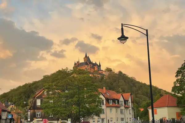 Ein Gebäude auf einem Hügel mit Bäumen im Hintergrund.
