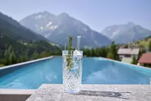 Infinitypool Ein Glas Wasser mit einer Pflanze darin.