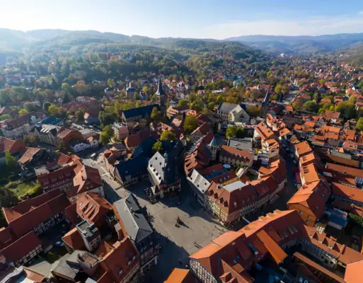 Luftaufnahme einer Stadt mit Häusern und Bäumen, im Hintergrund Berge und Himmel.
