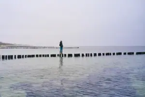 Eine Person steht auf einem Baumstamm im Wasser.