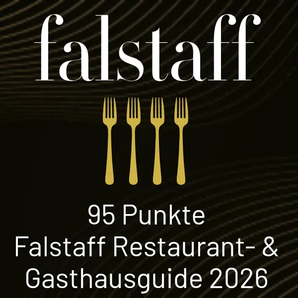Falstaff Restaurantführerkarte mit schwarzem Hintergrund und weißem Text: falstaff 95 Punkte Restaurant Guide