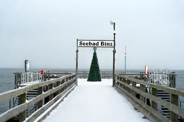 Ein schneebedeckter Gehweg mit einem Weihnachtsbaum und einem Schild.