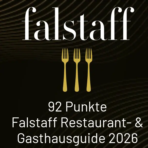 falstaff Restaurantführerkarte mit schwarzem Hintergrund und weißem Text: falstaff 91 Punkte Restaurant Guide