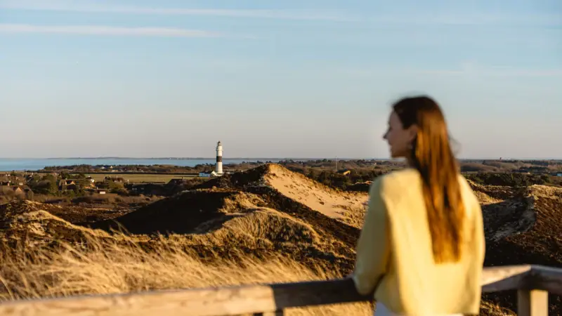 Eine Frau steht auf einem Zaun und blickt auf einen Leuchtturm.