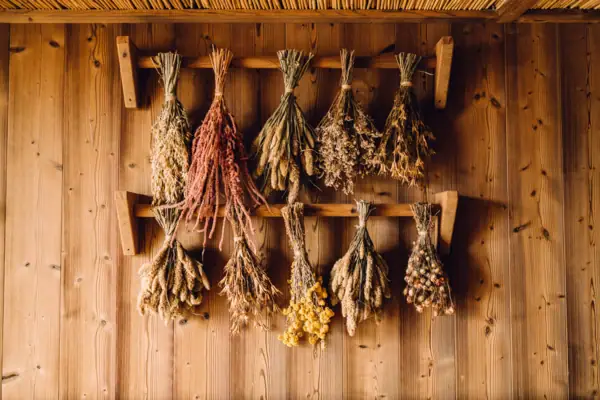 Sauna Bündel getrockneter Blumen an einer Wand