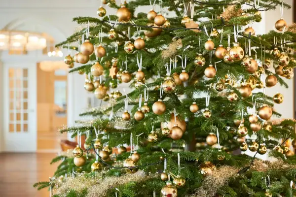 Ein geschmückter Weihnachtsbaum mit festlichen Ornamenten.