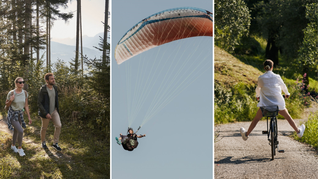 Collage aus drei Bildern: Ein junges Pärchen am wandern, ein Fallschirmsprung sowie eine Frau die mit dem Fahrrad einen Weg hinunter rollt