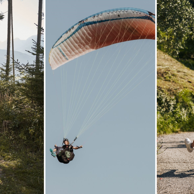 Collage aus drei Bildern: Ein junges Pärchen am wandern, ein Fallschirmsprung sowie eine Frau die mit dem Fahrrad einen Weg hinunter rollt