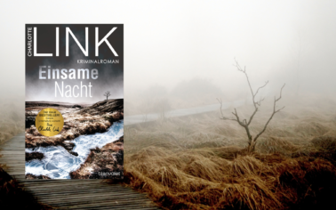 Man Sieht eine neblige Moorlandschaft und das Cover des Buches "Einsame Nacht" von der Autorin Charlotte Link.