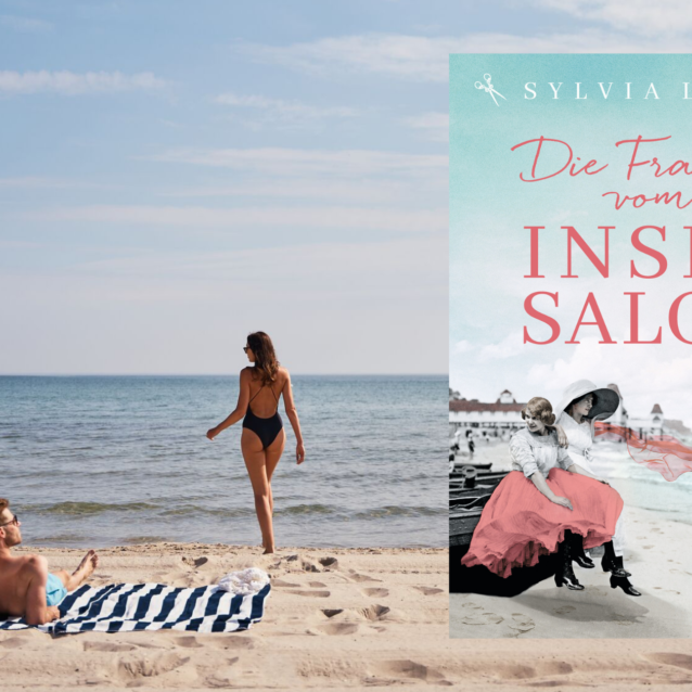 Buchcover "Die Frauen vom Inselsalon" von Sylvia Lott vor einem Strand mit einem Pärchen in Badekleidung