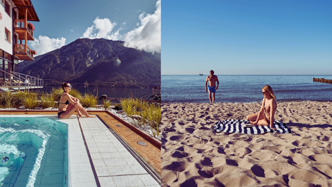 Zwei Bildern mit Frauen die im Bikini auf dem Boden sitzen. Eine am Pool in einer Berglandschaft, die andere am Strand.