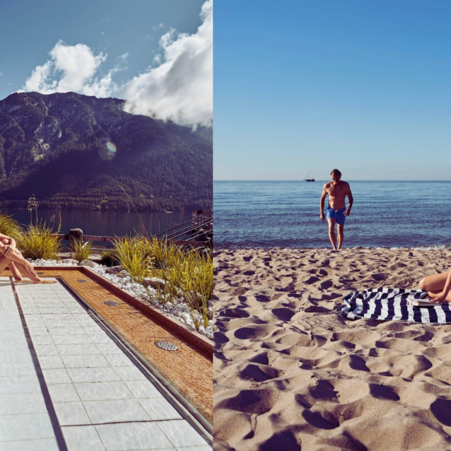 Zwei Bildern mit Frauen die im Bikini auf dem Boden sitzen. Eine am Pool in einer Berglandschaft, die andere am Strand.